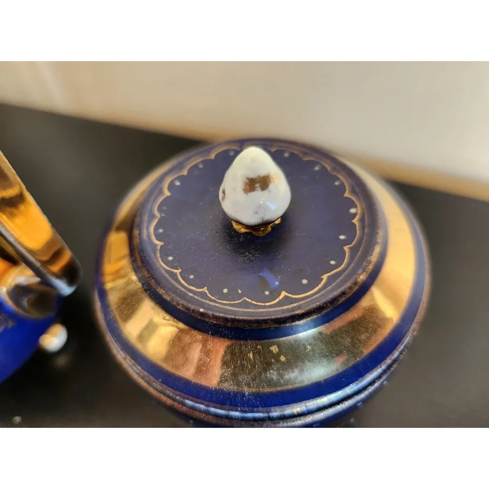 Antique Meissan Cobalt Gold‎ Grand Pictorial Romantic Couple Creamer + Sugar Set